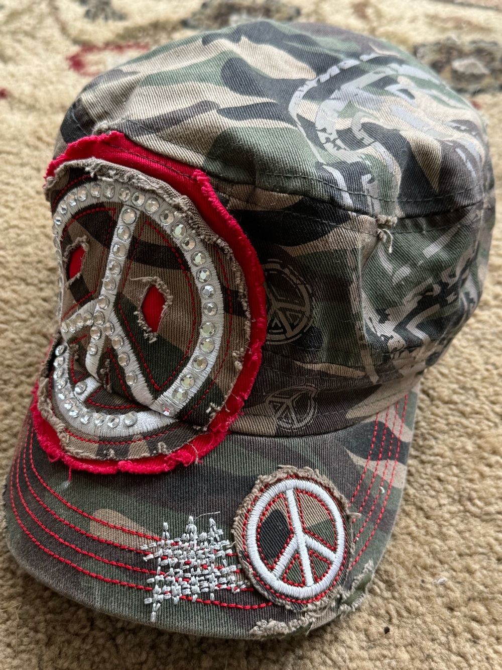 Rainbow distressed camouflage rhinestone military cadet cap